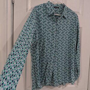 Olsen Turquoise Blue Geometric Button Up Blouse M-L/12